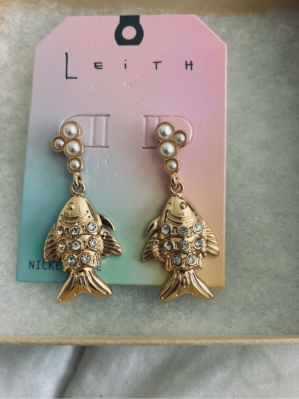 Leith Gold Fish Drop Earrings with Pearl & Crystal Accents